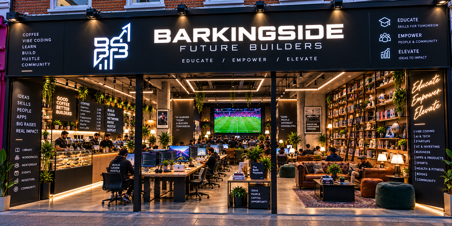 Concept illustration of the planned Barkingside Future Builders hub, with computer workstations, bookshelves and welcoming spaces to learn together.